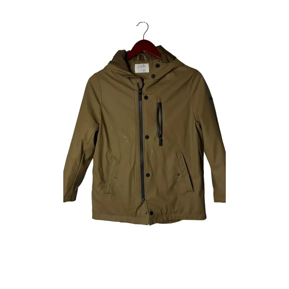 Zara unisex hooded tan full zip raincoat sz 10